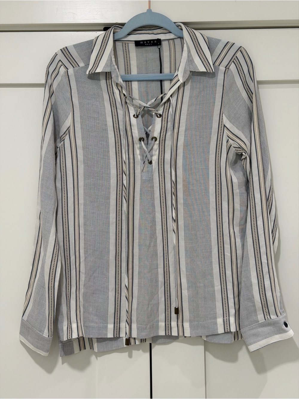 Maven West Lace-Up Stripe Blouse Size S 100% Tencel Blue White USA NWT